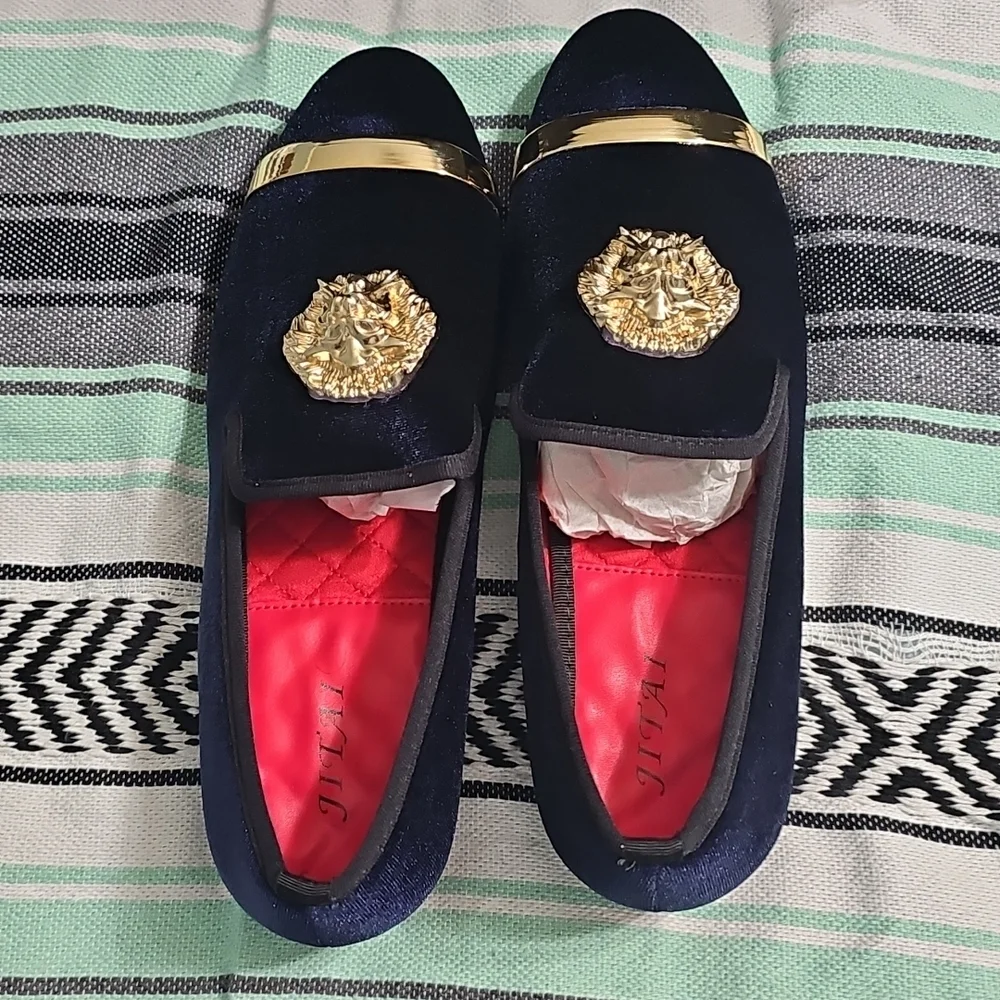 Jitai Ornate Dark Blue & Black Velvet Gold Lion Head Loafers Size 9.5 NEW In Box